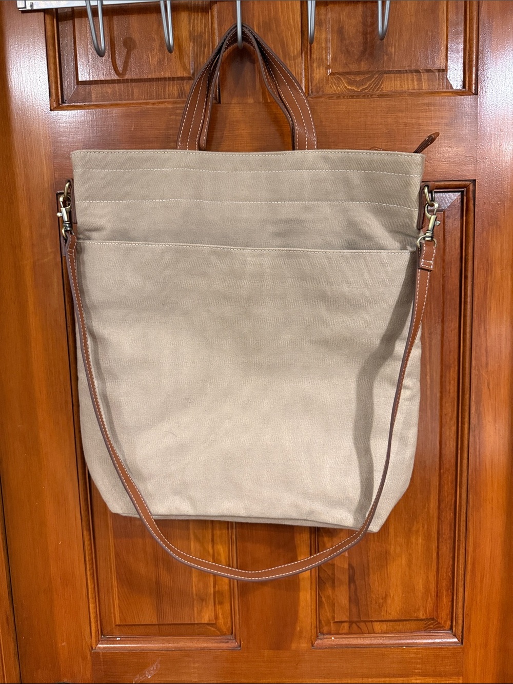 Canvas Tote Bag with man made leather brown Trim - Neutral Beige